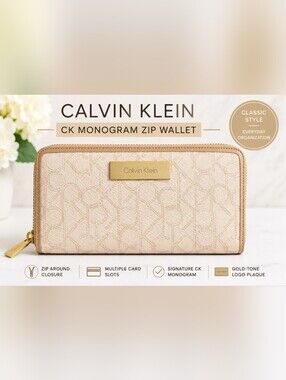 Calvin Klein Beige Monogram Zip Around Wallet Logo Plaque CK Long Wallet